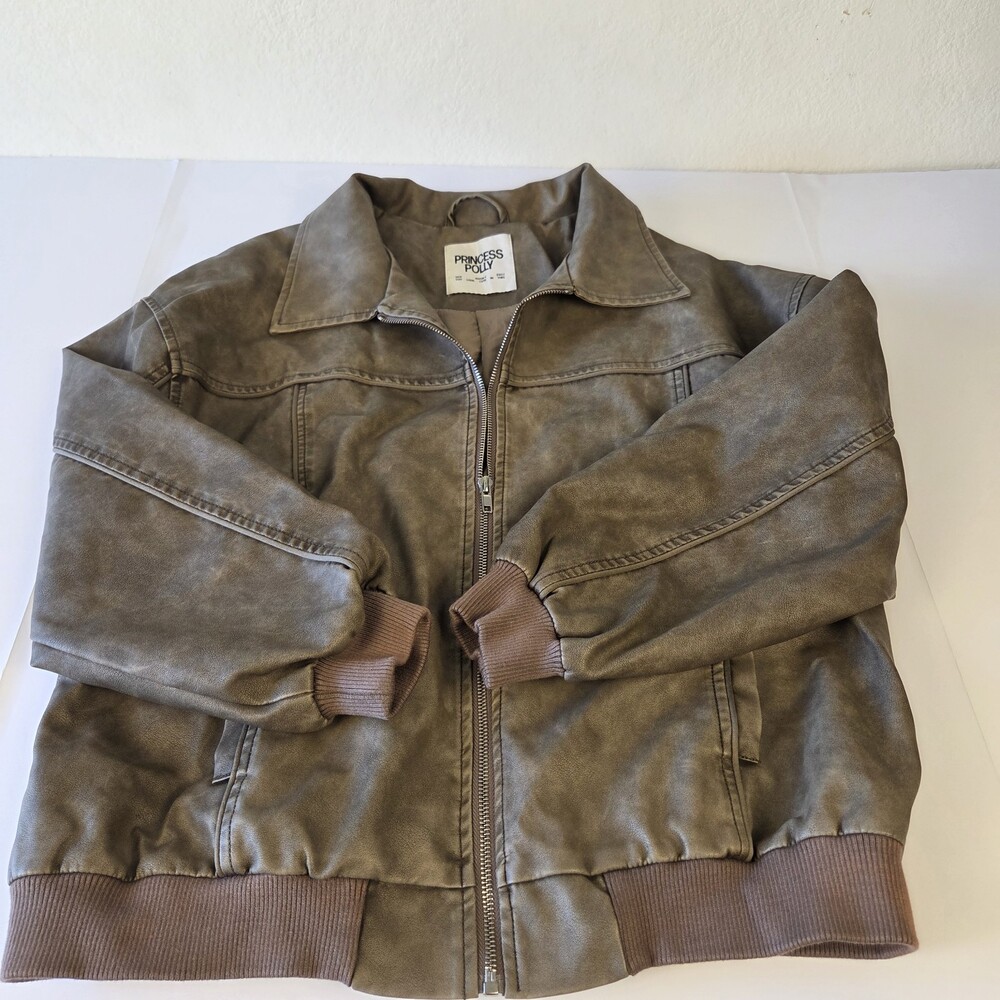 Princess Polly Goldsmith Faux Leather Bomber Jacket Washed Brown US 0 Oversized